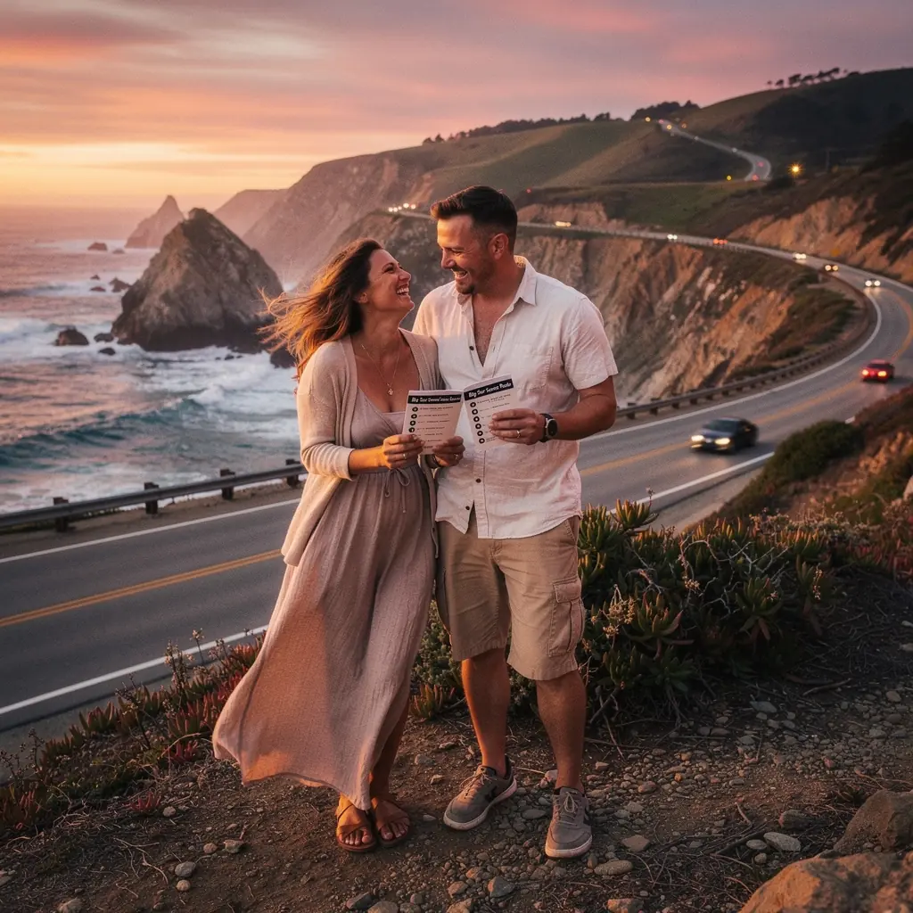 Zatrzymujący się samochód przy malowniczym punkcie widokowym na trasie.